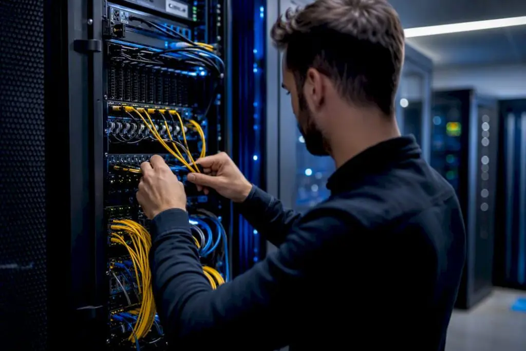 Mains connectant des câbles dans une baie serveur