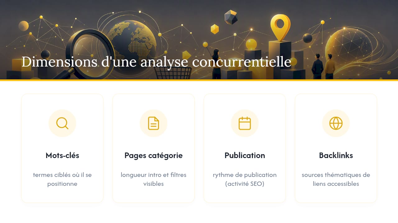 Schéma des dimensions de l’analyse concurrentielle SEO pour le commerce en ligne
