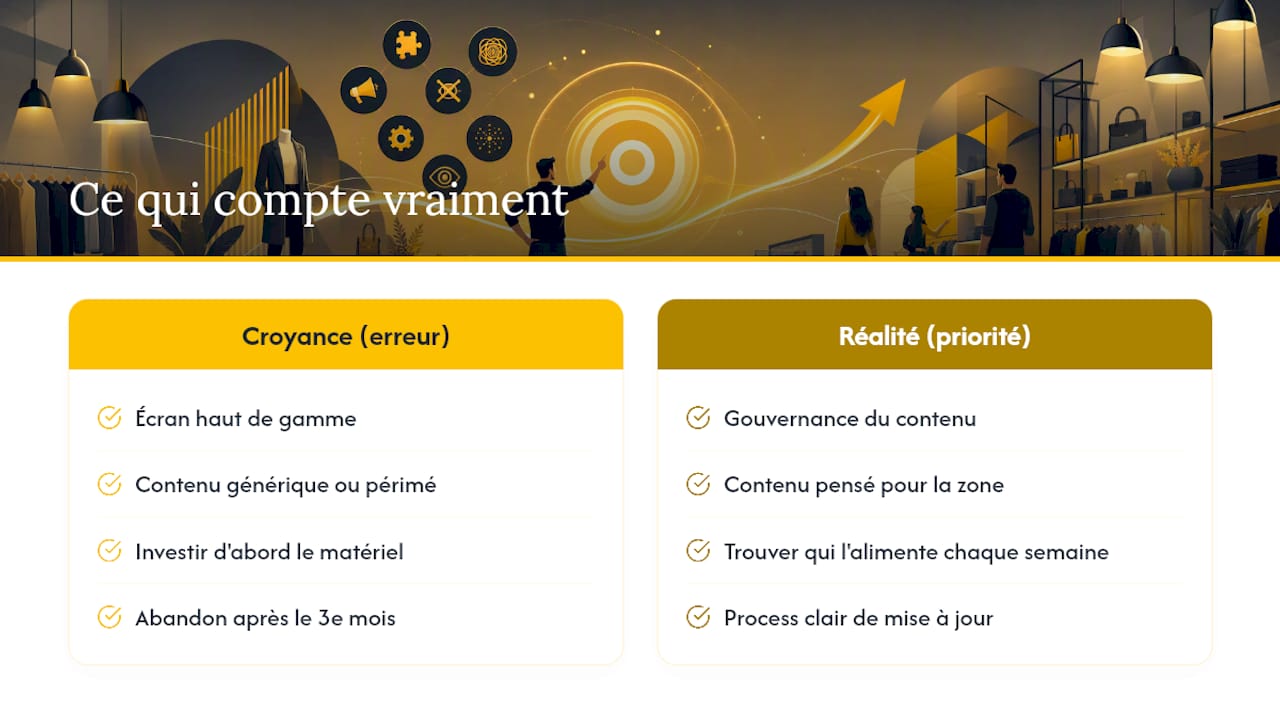 Ce que l'affichage dynamique promet vraiment, et ce qu'il ne fait pas seul — overview diagram